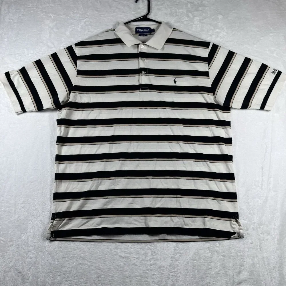 Vintage Golf Polo Ralph‎ Lauren Mens XL White/Black Striped Pony Performance
